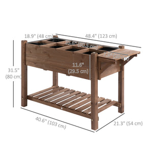 Raised garden bed with 8 compartments and storage shelf, brown