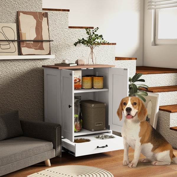Dog food storage station with bowls, white