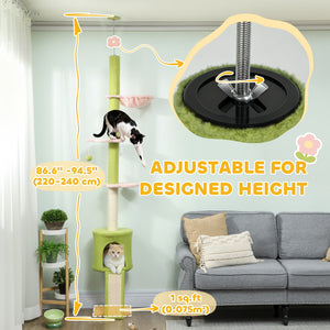 221-241cm Floor-to-Ceiling Cat Tree with Scratching Post, Condo &amp; Hammock, Green