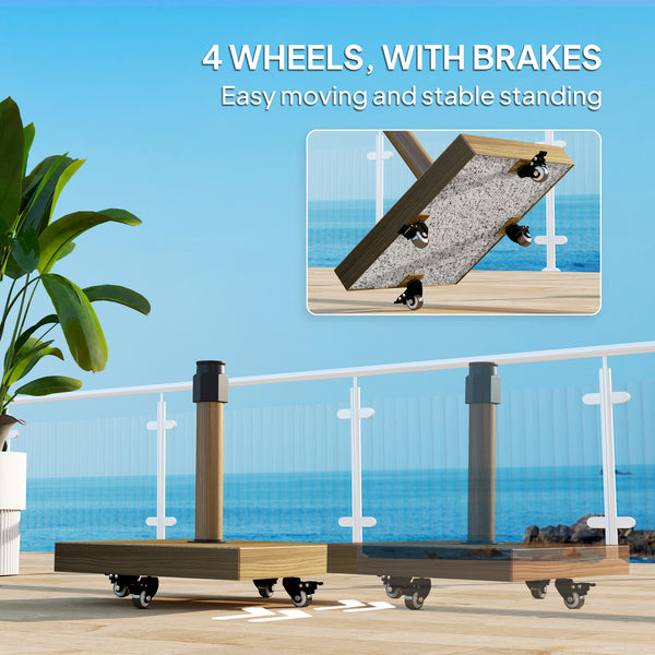 Outdoor parasol base with wheels, sturdy, natural wood