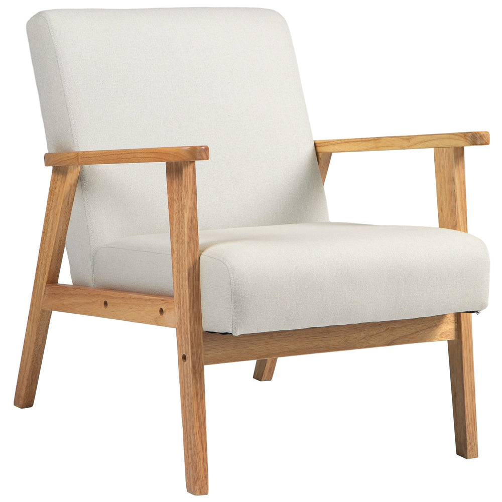 Retro fabric accent chair with wooden armrests, cream white