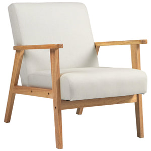 Retro fabric accent chair with wooden armrests, cream white