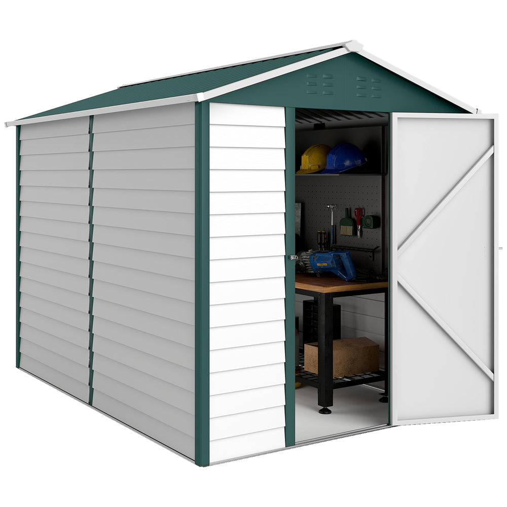 Outdoor garden shed with sloping roof, lockable door, green