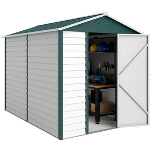 Outdoor garden shed with sloping roof, lockable door, green