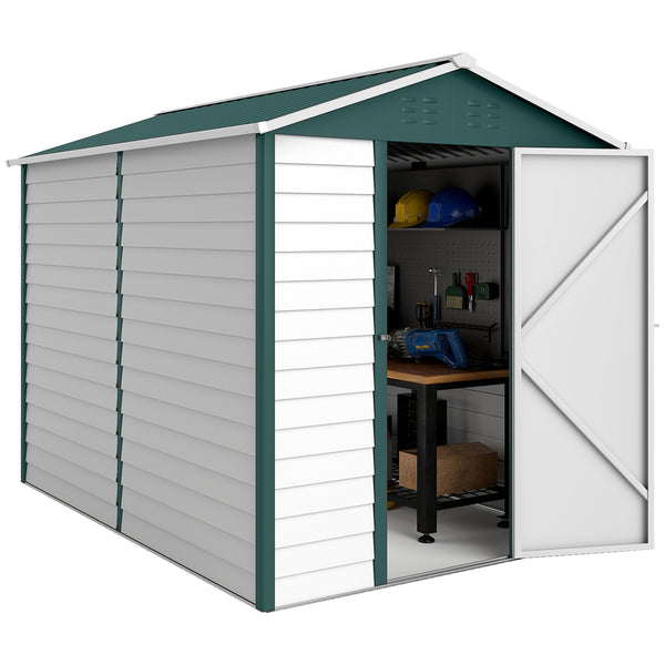 Outdoor garden shed with sloping roof, lockable door, green