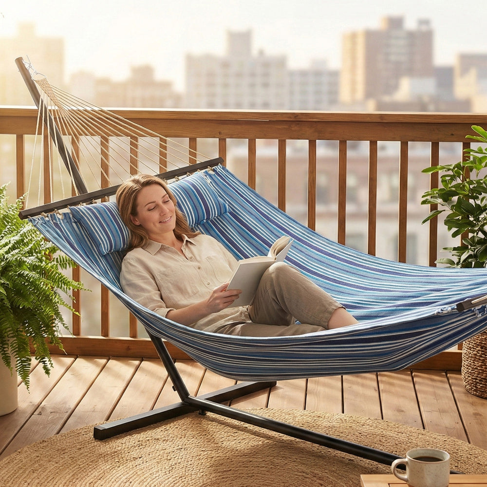 Hammock with sturdy steel frame stand for patio and garden, blue and white