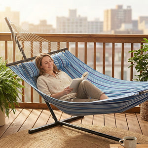 Hammock with sturdy steel frame stand for patio and garden, blue and white