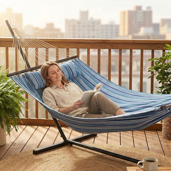 Hammock with sturdy steel frame stand for patio and garden, blue and white