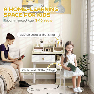 Desk and chair set with storage shelves and drawer, white