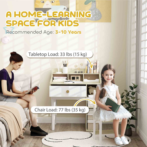 Desk and chair set with storage shelves and drawer, white