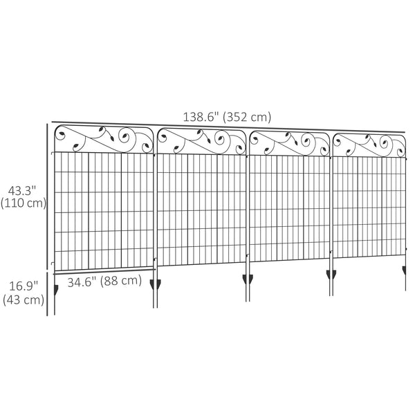 Metal garden fence panels, set of 4, square vine pattern