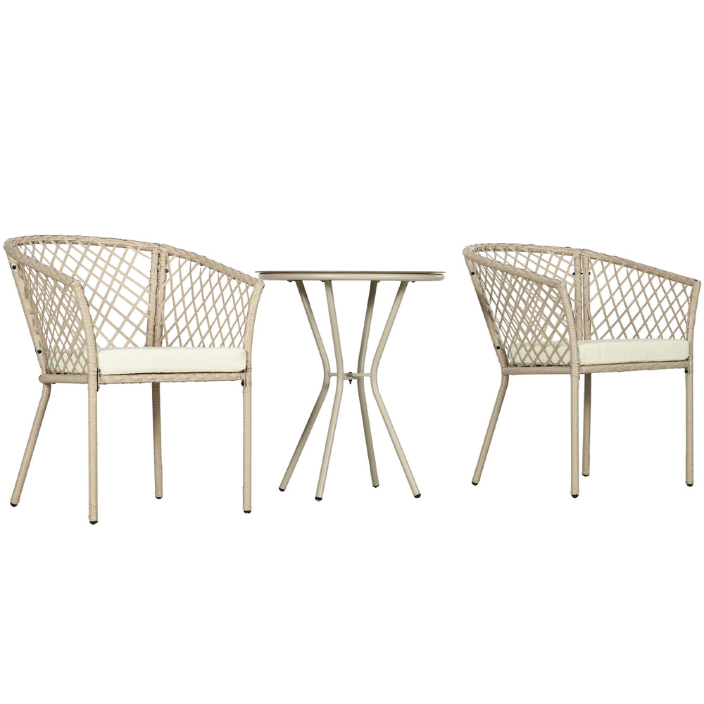 3-piece outdoor bistro set in PE rattan with seat cushions and glass table, beige