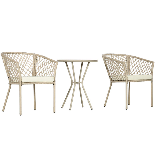 3-piece outdoor bistro set in PE rattan with seat cushions and glass table, beige
