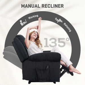 Manual reclining armchair with vibration massage, side pockets, in corduroy, black