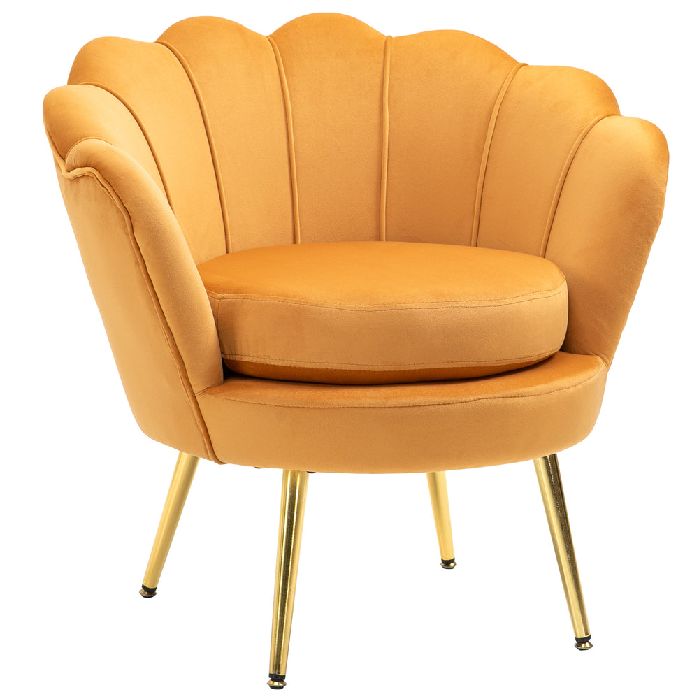 Lotus accent chair in velvet fabric with gold metal legs, yellow
