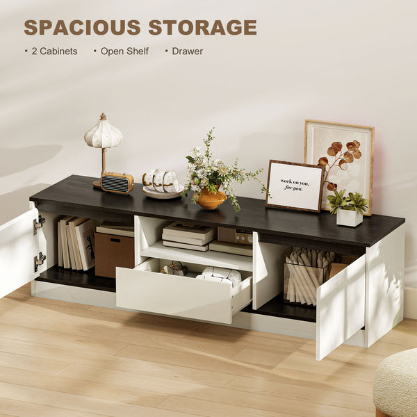 TV stand for 55-60 inch TVs with cupboards, shelf and drawer, white
