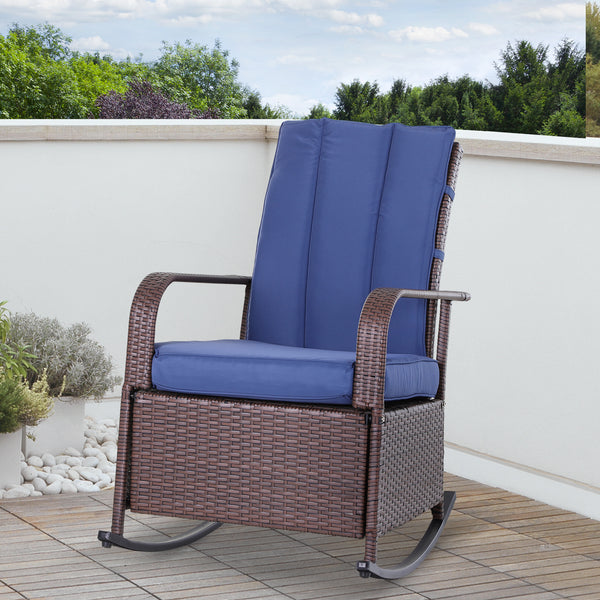 Outdoor reclining rocking chair in woven resin with cushion, dark blue