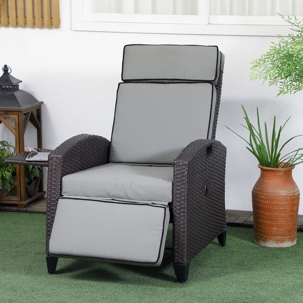 Outdoor Recliner Chair with Adjustable Backrest, Cushion, Side Tray, Light Grey