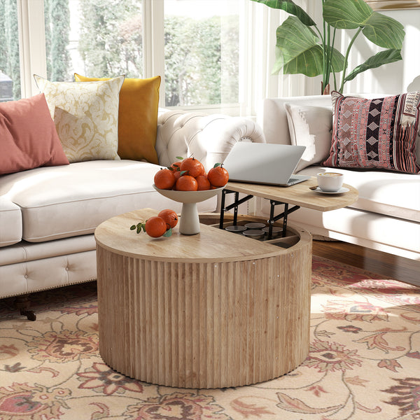 Lift-top round coffee table with hidden storage, natural wood effect