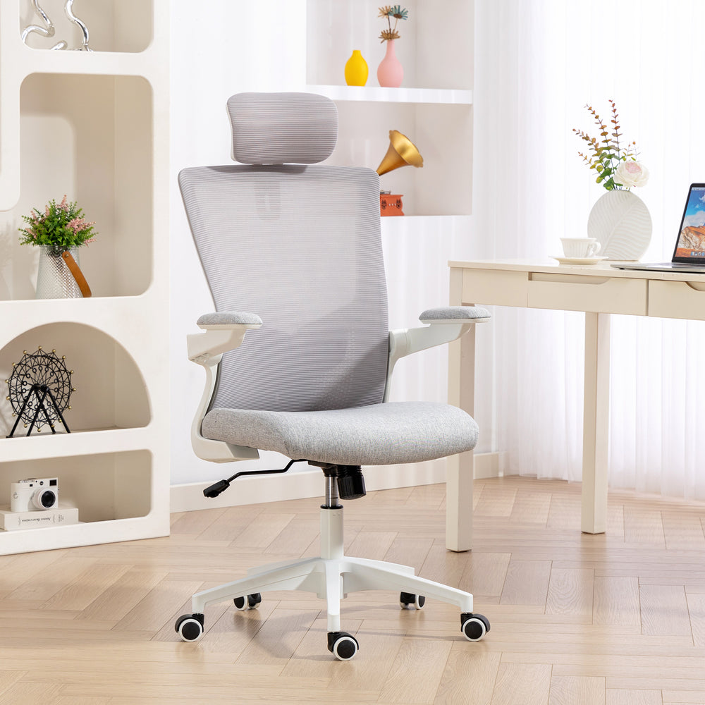 Ergonomic office chair with lumbar support and headrest, grey