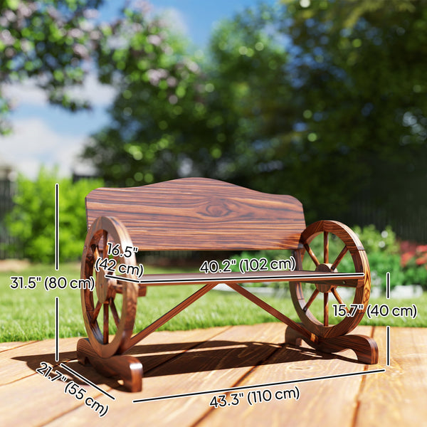 Two-seater wooden outdoor bench with wagon wheel shaped armrests