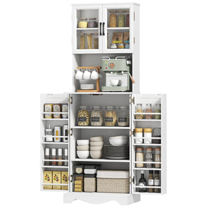 White pantry cabinet with glass doors, 8 door shelves and space for a coffee maker