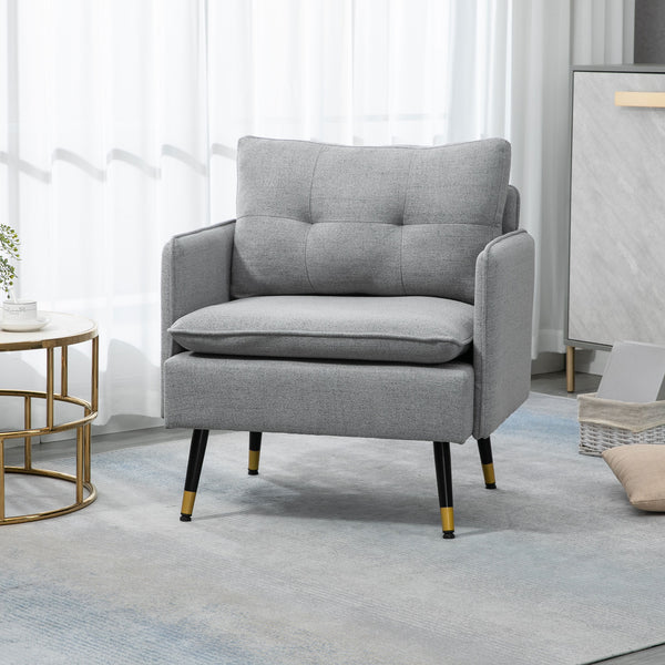 Modern upholstered accent chair with tufted back and steel legs, gray