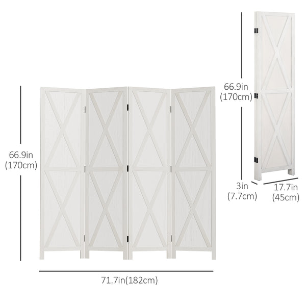 4-Panel Country Style Room Divider with Wooden Frame, White