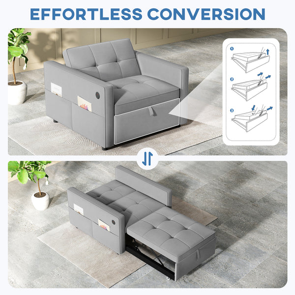 Armchair convertible into a bed with USB port, adjustable backrest, in velvet, gray