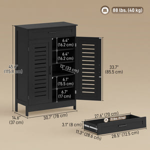 Shoe cabinet with louvered doors with drawer and adjustable shelves, black