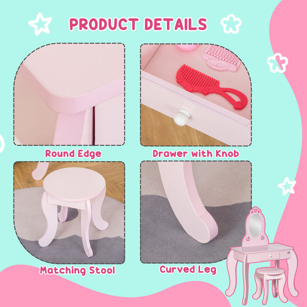 Children's dressing table with mirror and stool, pink