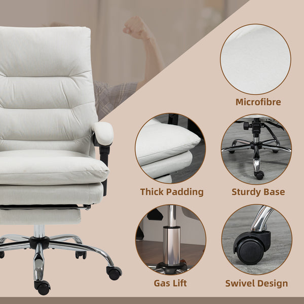 Office chair with massage and 6-point heating, reclining, microfiber upholstery with footrest, cream white