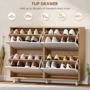 Narrow shoe cabinet for 16 pairs of shoes with 4 hinged drawers and adjustable shelves, natural color