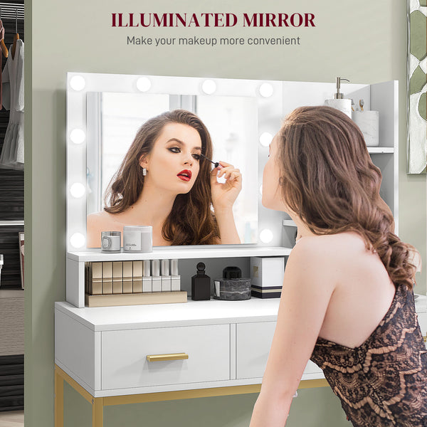 LED Lighted Dressing Table with Mirror, 3 Drawers and Storage Shelves, White 