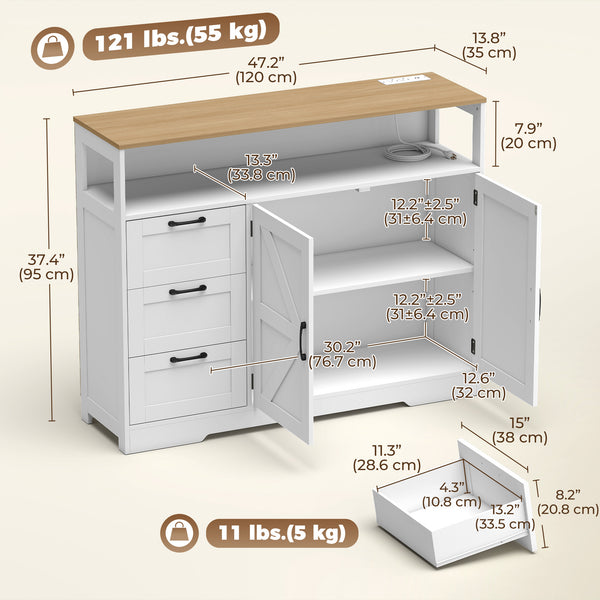 Rustic-style sideboard with charging station, 3 drawers and adjustable storage, white