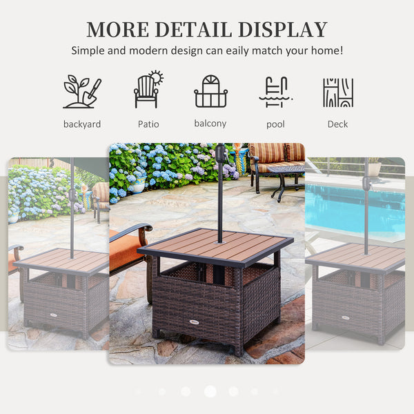 Square synthetic rattan table with parasol hole, can be used as an umbrella stand, brown