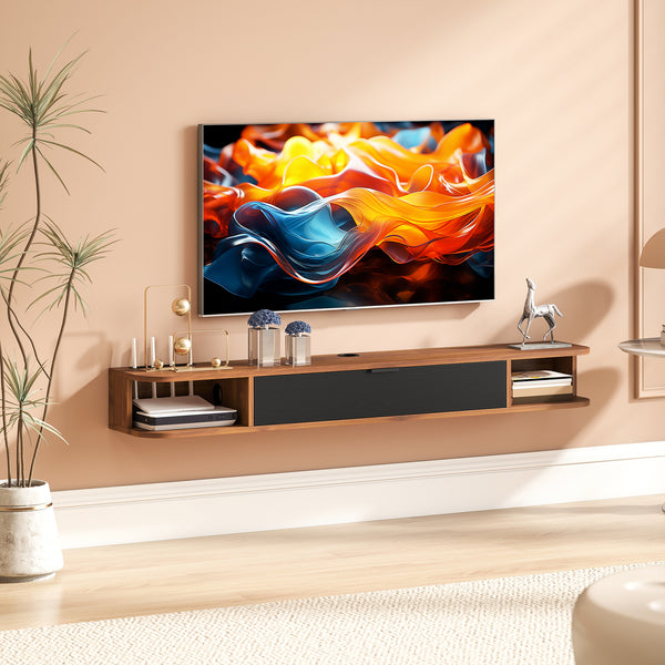 Floating wall-mounted TV unit for TVs up to 60 inches, with a drop-down drawer and 2 open shelves, walnut finish.