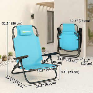 Set of 2 beach chairs, foldable and adjustable in 5 positions, with headrest and armrests, light blue.