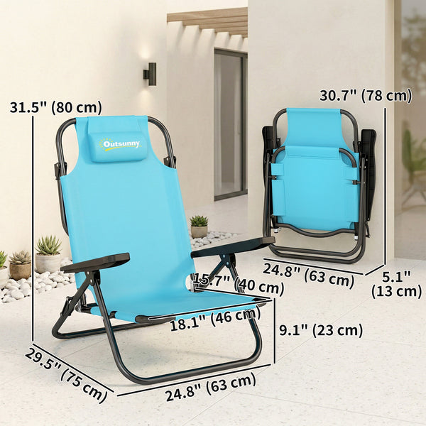 Set of 2 beach chairs, foldable and adjustable in 5 positions, with headrest and armrests, light blue.
