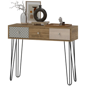 Console table with drawers and hairpin legs, brown