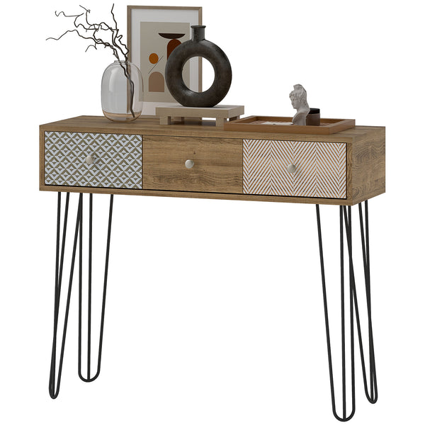 Console table with drawers and hairpin legs, brown