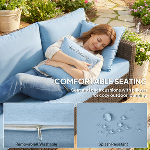 Modular PE resin wicker garden lounge set, 4 seats, with 2 loveseats, cushions and pillows, blue.