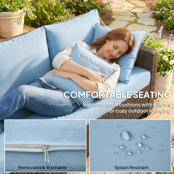 Modular PE resin wicker garden lounge set, 4 seats, with 2 loveseats, cushions and pillows, blue.