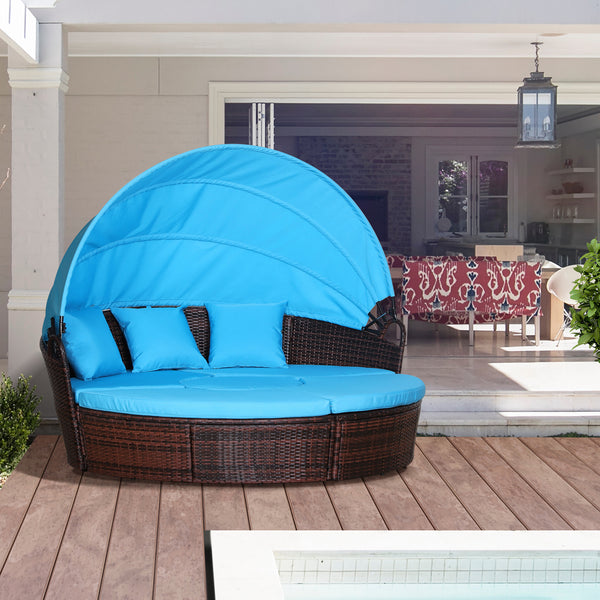 4-piece garden sofa bed with retractable canopy, light blue