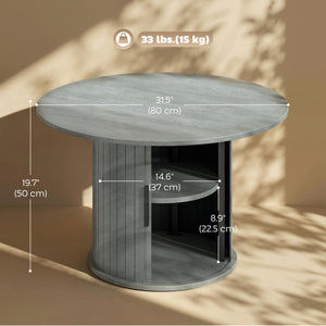 Round coffee table with fluted base and hidden sliding door storage – Cement gray