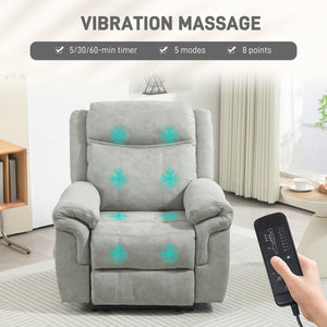 Manual reclining chair with vibration massage, side pockets, in grey microfiber