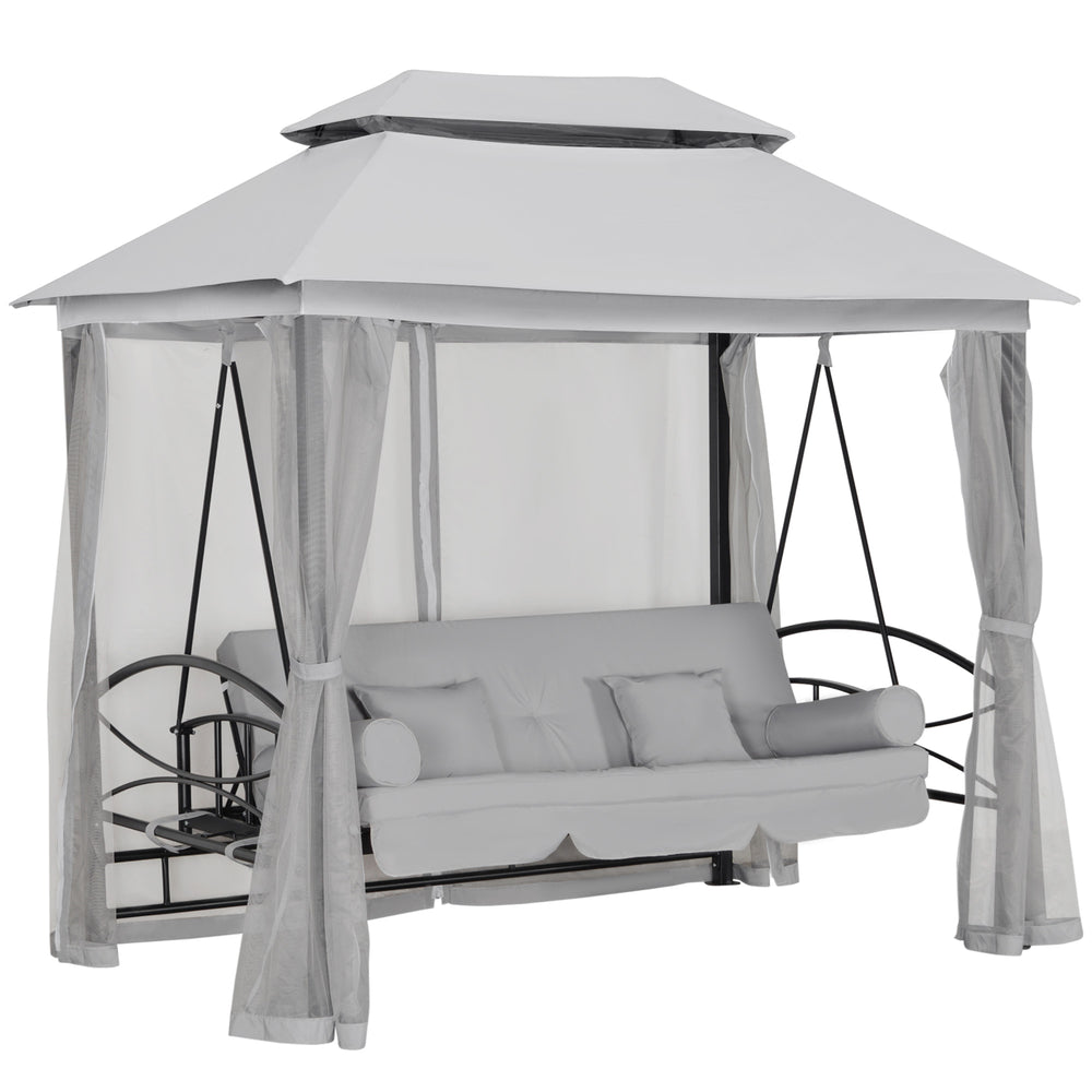 3-Seater Outdoor Daybed, 3-in-1 Canopy, Swing, Garden Hammock with Mosquito Net and Sun Shade, Grey