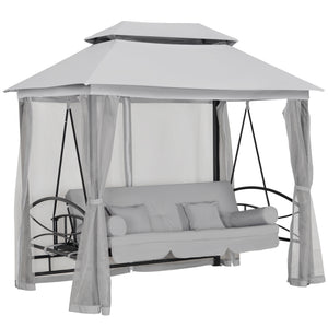 3-Seater Outdoor Daybed, 3-in-1 Canopy, Swing, Garden Hammock with Mosquito Net and Sun Shade, Grey