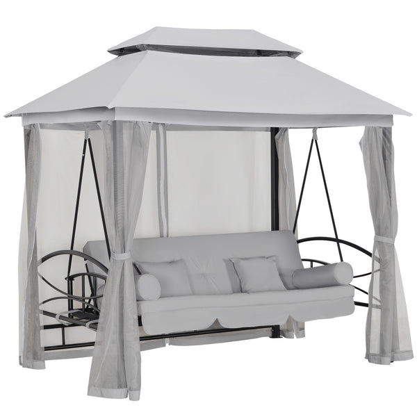3-Seater Outdoor Daybed, 3-in-1 Canopy, Swing, Garden Hammock with Mosquito Net and Sun Shade, Grey