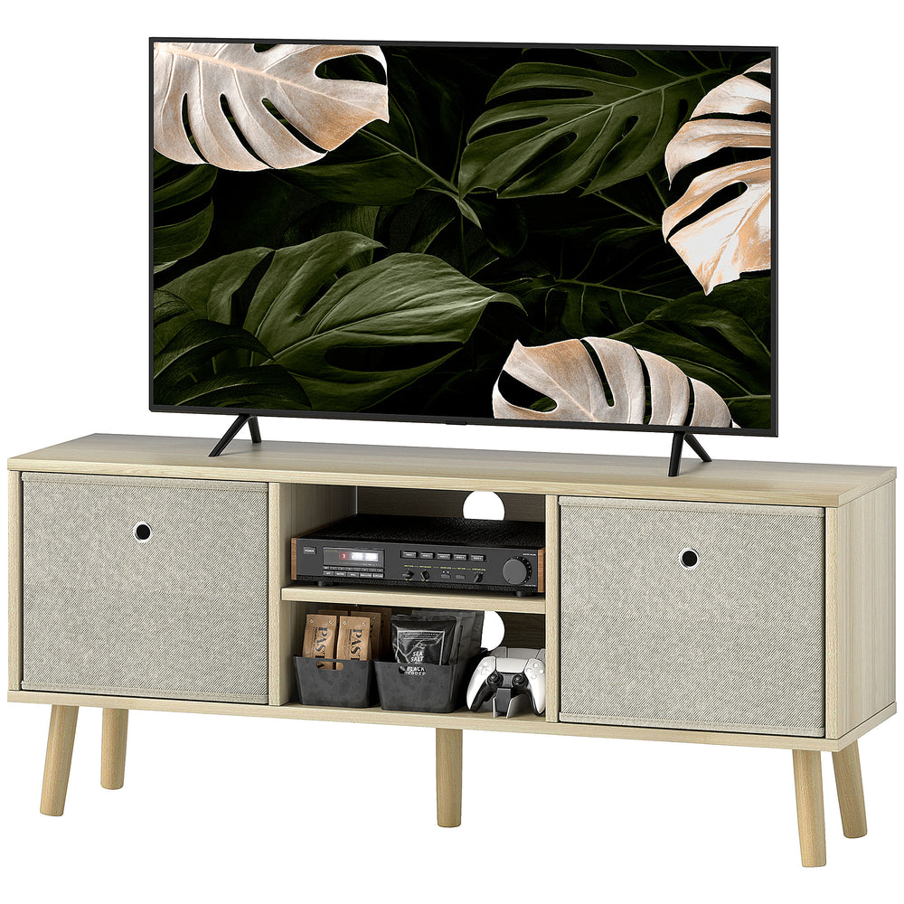 Modern TV cabinet with drawers and folding shelves, natural color